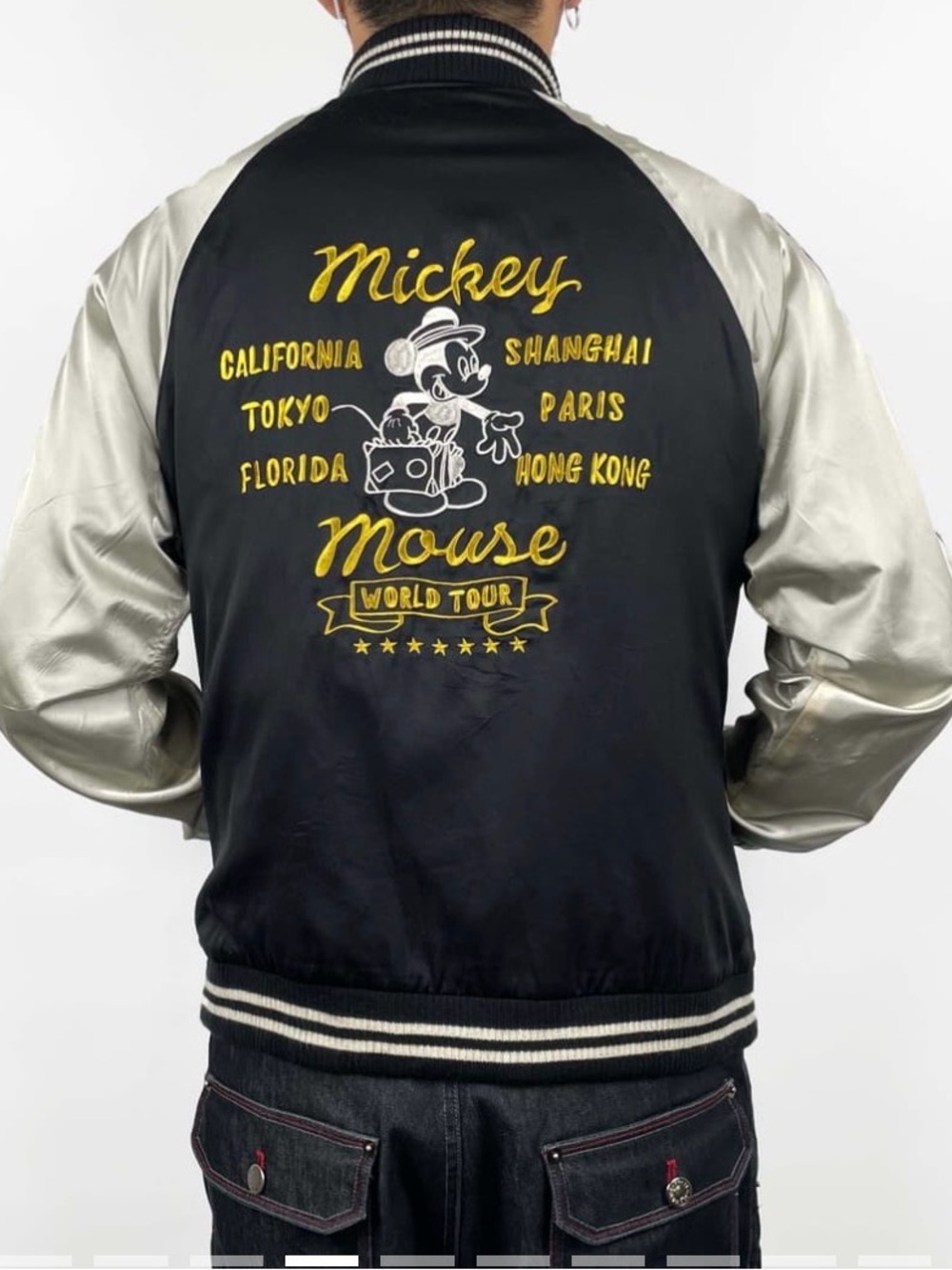 UEC Black & Cream Satin Bomber Jacket Embroidered MICKEY MOUSE WORLD TOUR SZ M
